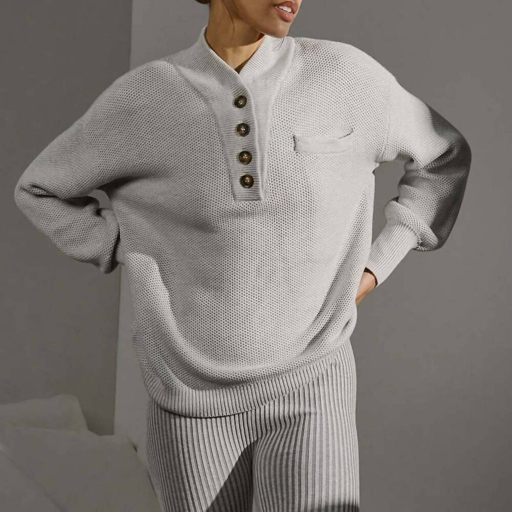 NEW LUNYA cozy cotton silk pocket henley top in mellow grey heather